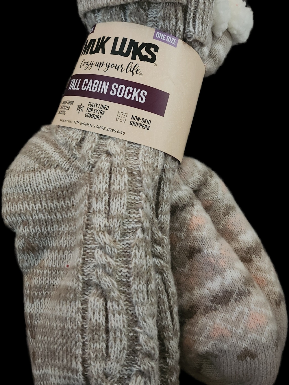 Muk Luks Beige Cable-Knit Tall Cabin Socks with Cream Accents 2 Pairs